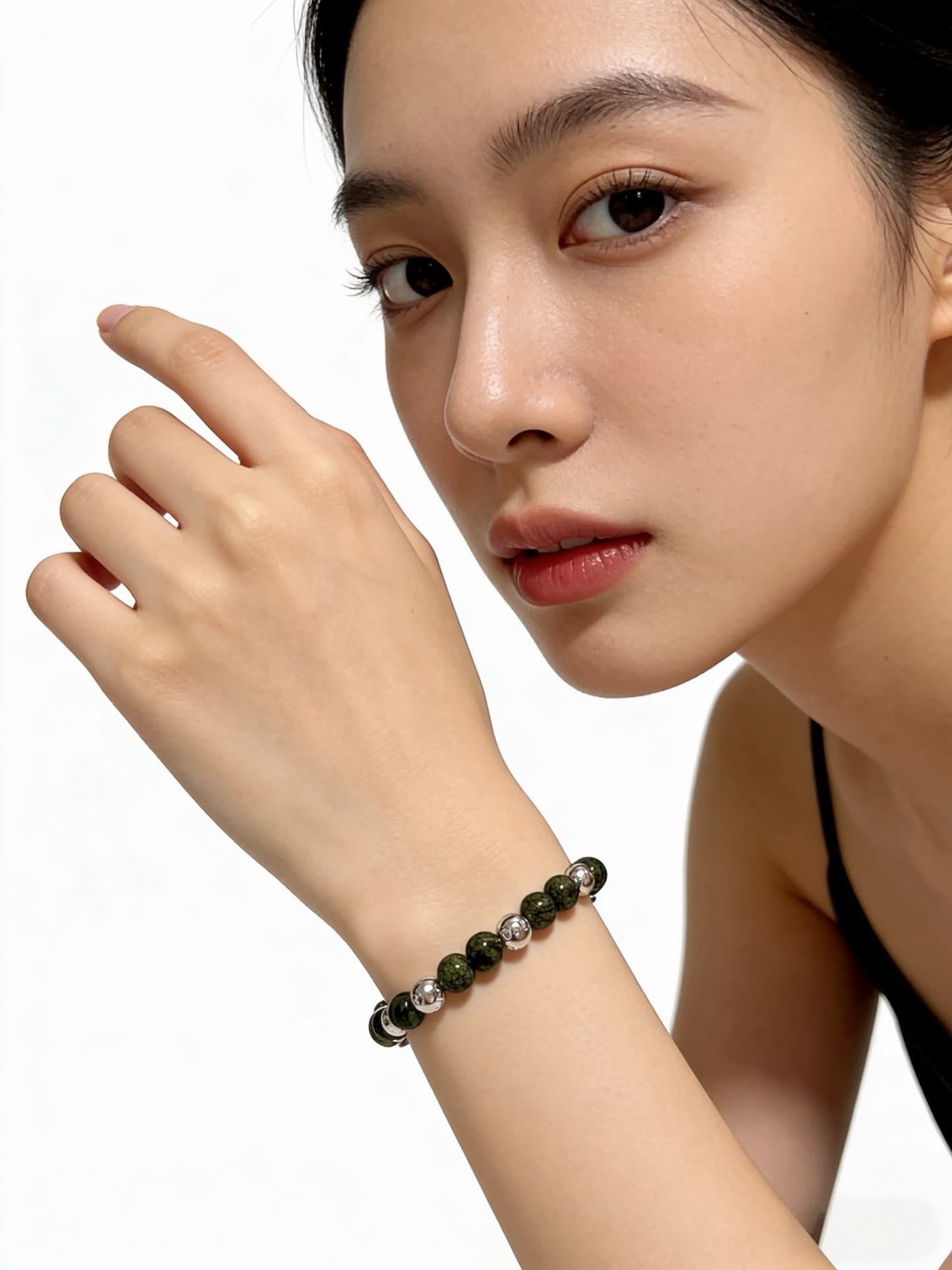 Tiffany & Co Green Stone Beaded Bracelet with Silver Accents